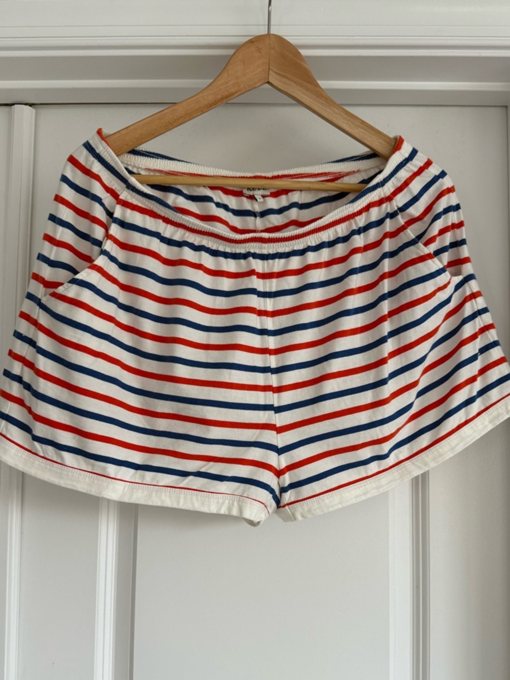 Kule- The Short Striped Cotton Lounge Shorts in White with Red & Blue